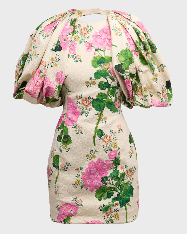 Geranium Wallpaper-Print Puff-Sleeve Cloque Mini Dress